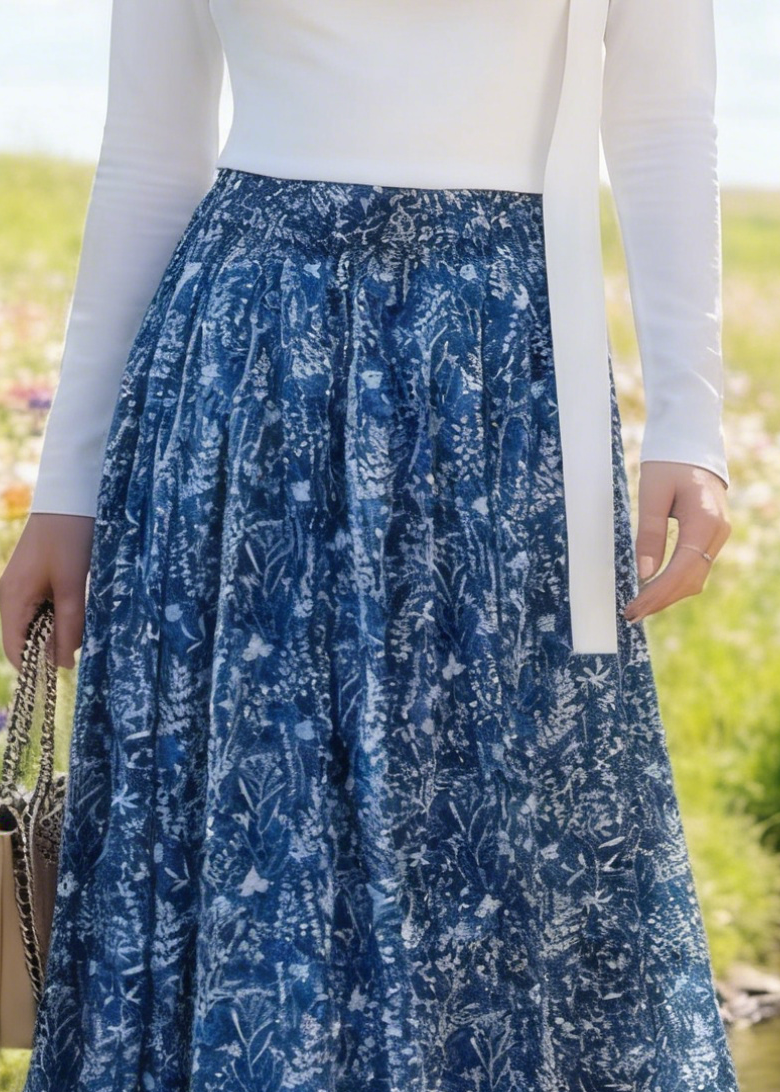 Blue Print Cotton Skirt Elastic Waist Summer