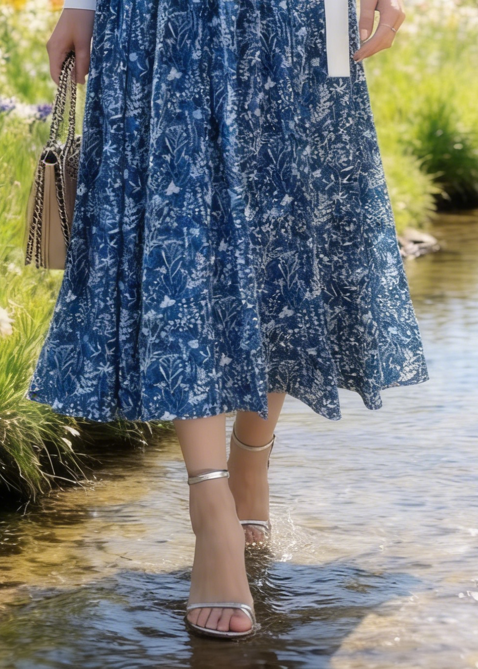 Blue Print Cotton Skirt Elastic Waist Summer