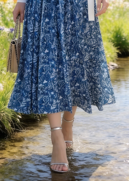 Blue Print Cotton Skirt Elastic Waist Summer