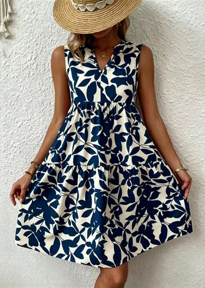 Blue Print Cotton Tea Dress V Neck Summer