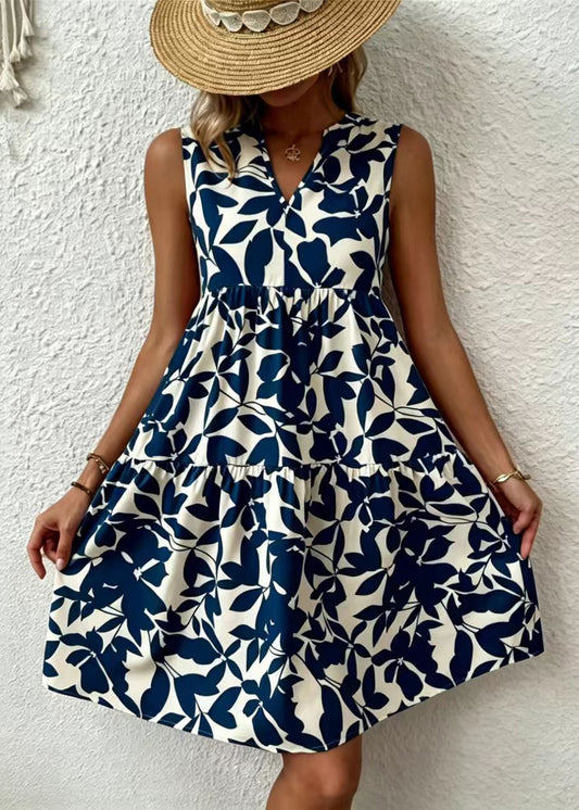 Blue Print Cotton Tea Dress V Neck Summer