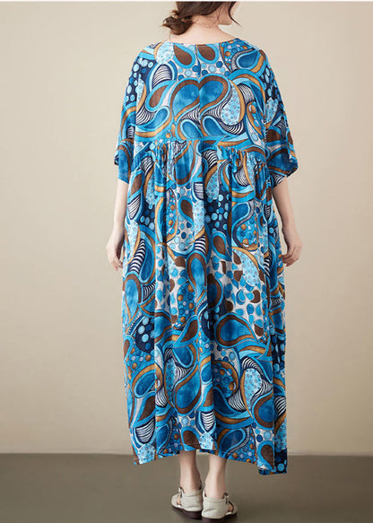 Blue Print Cotton Vacation Dress Oversized Exra Large Hem Summer