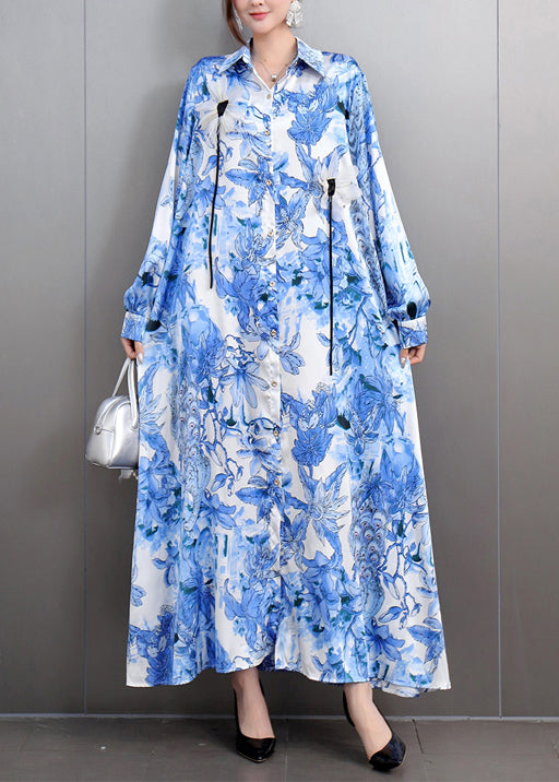 Blue Print Draping Chiffon Party Dress Oversized Fall