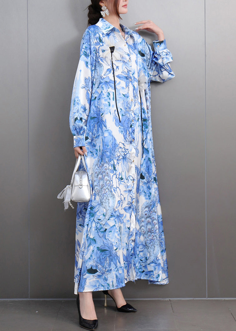 Blue Print Draping Chiffon Party Dress Oversized Fall