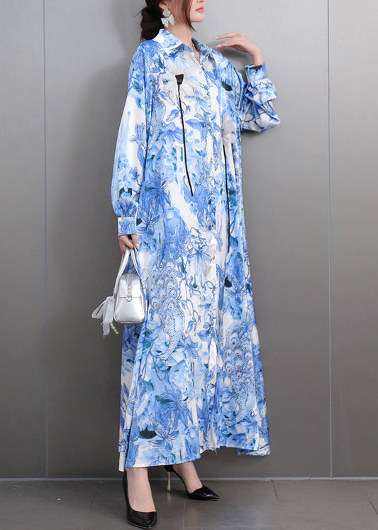 Blue Print Draping Chiffon Party Dress Oversized Fall