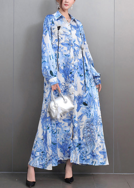 Blue Print Draping Chiffon Party Dress Oversized Fall