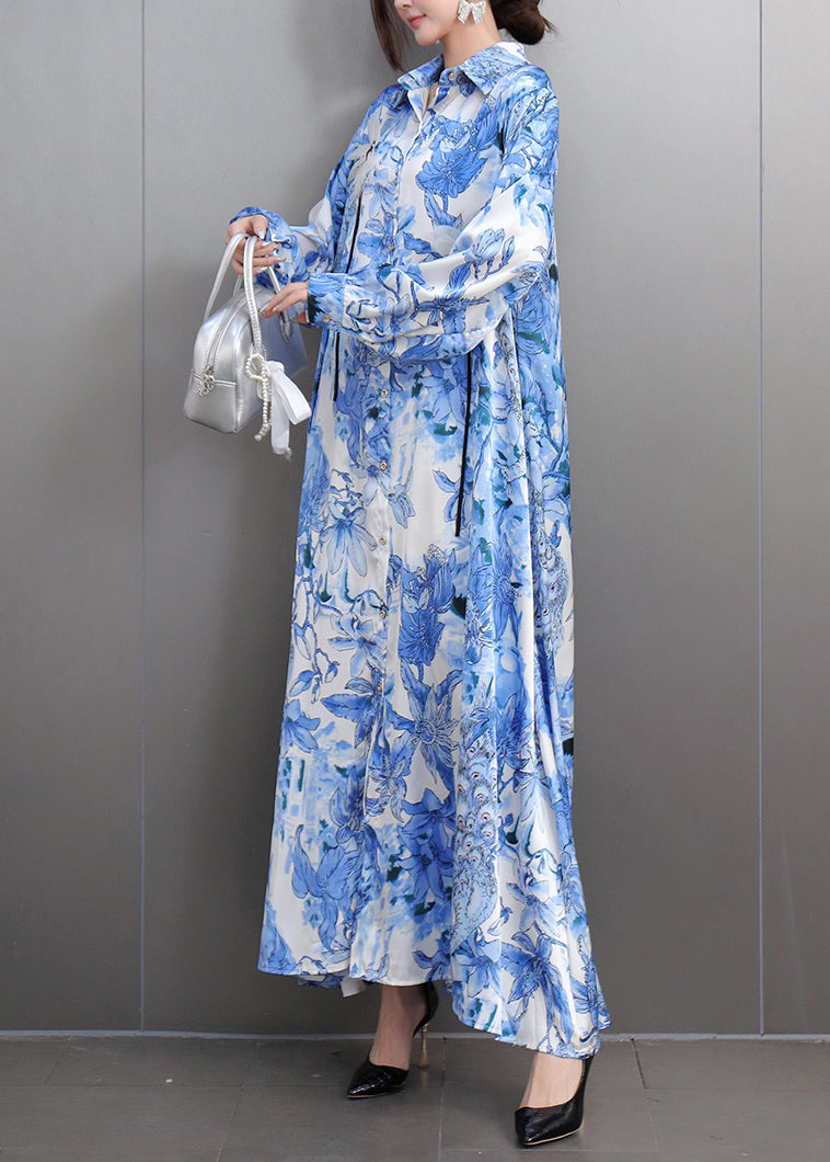 Blue Print Draping Chiffon Party Dress Oversized Fall