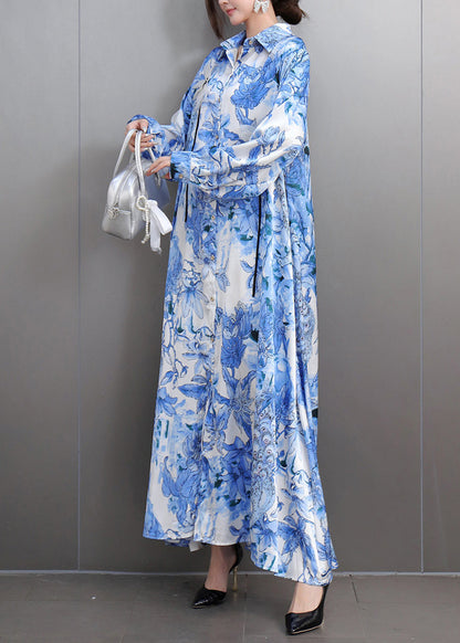 Blue Print Draping Chiffon Party Dress Oversized Fall