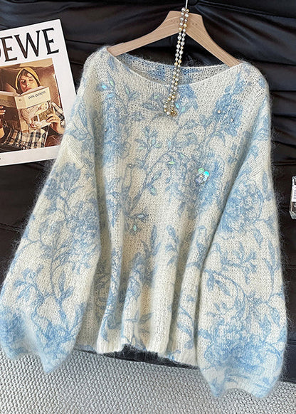 Blue Print Knit Cozy Sweaters Sequins Fall