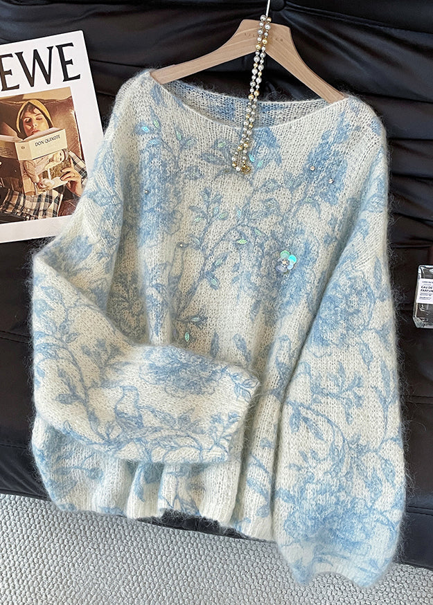 Blue Print Knit Cozy Sweaters Sequins Fall
