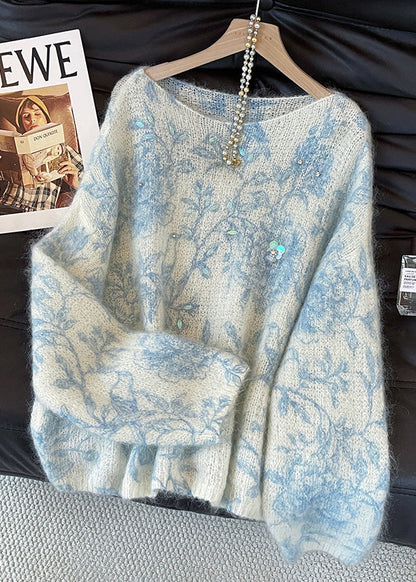Blue Print Knit Cozy Sweaters Sequins Fall