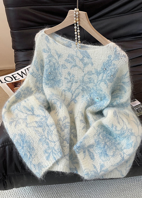 Blue Print Knit Cozy Sweaters Sequins Fall