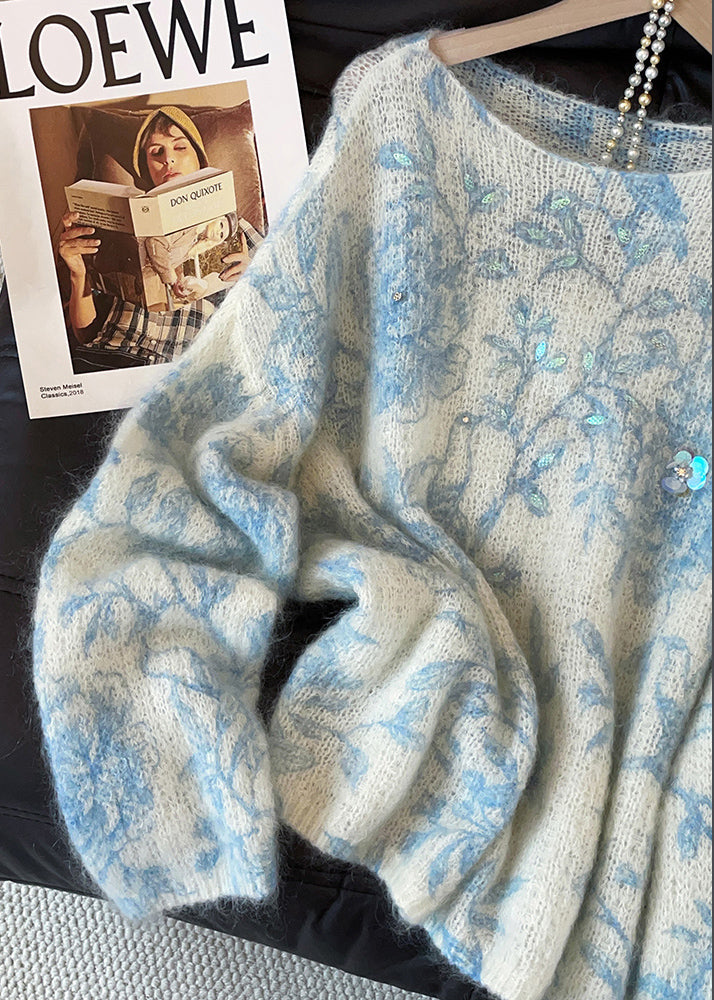 Blue Print Knit Cozy Sweaters Sequins Fall