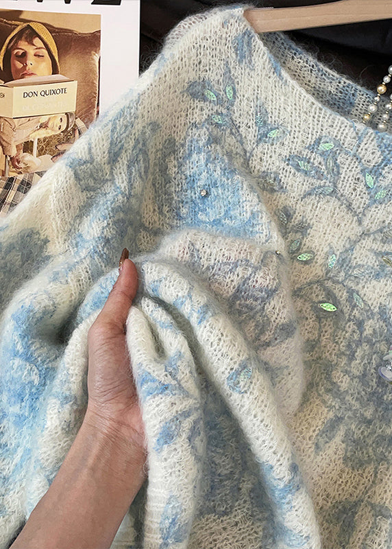 Blue Print Knit Cozy Sweaters Sequins Fall