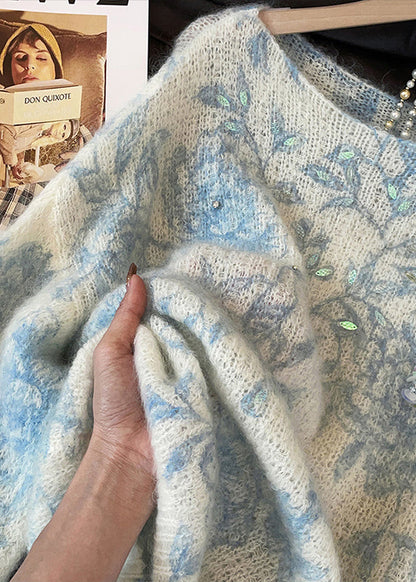 Blue Print Knit Cozy Sweaters Sequins Fall