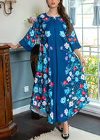 Blue Print Nail Bead Cotton Maxi Dresses O Neck Bracelet Sleeve