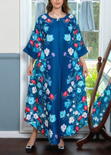 Load image into Gallery viewer, Blue Print Nail Bead Cotton Maxi Dresses O Neck Bracelet Sleeve