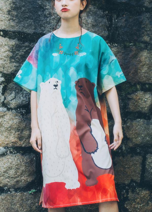 Blue Print O-Neck Animal Cute Summer Dresses Short Sleeve - SooLinen