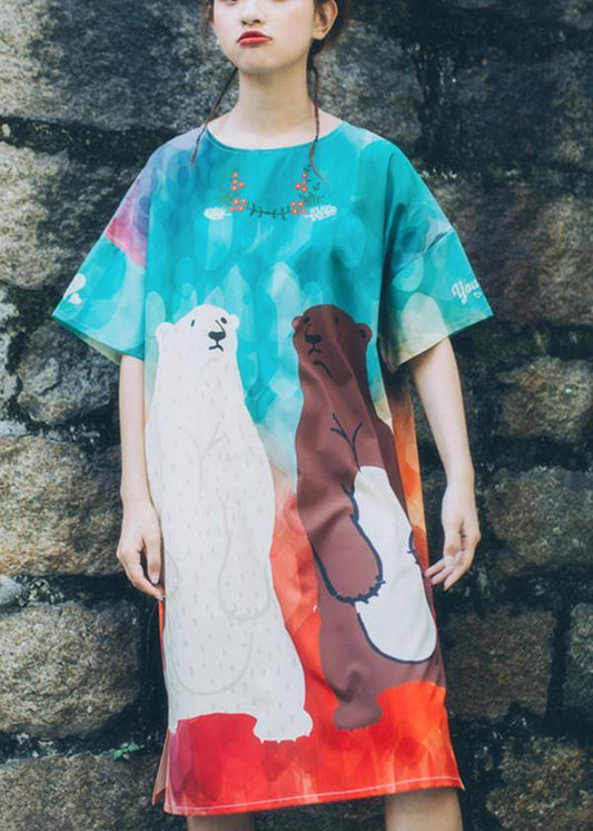 Blue Print O-Neck Animal Cute Summer Dresses Short Sleeve - SooLinen