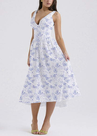 Blue Print Pockets Cotton Sleeveless Dress V Neck