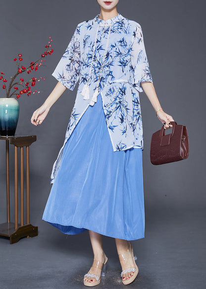 Blue Print Silk Fake Two Piece Dresses Asymmetrical Tasseled Summer