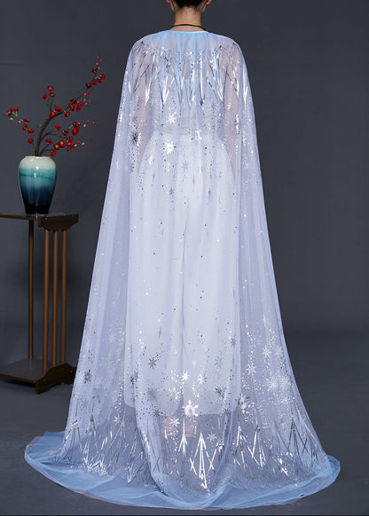 Blue Print Silk Holiday Cloak Oversized Lace Up Summer