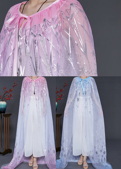 Blue Print Silk Holiday Cloak Oversized Lace Up Summer