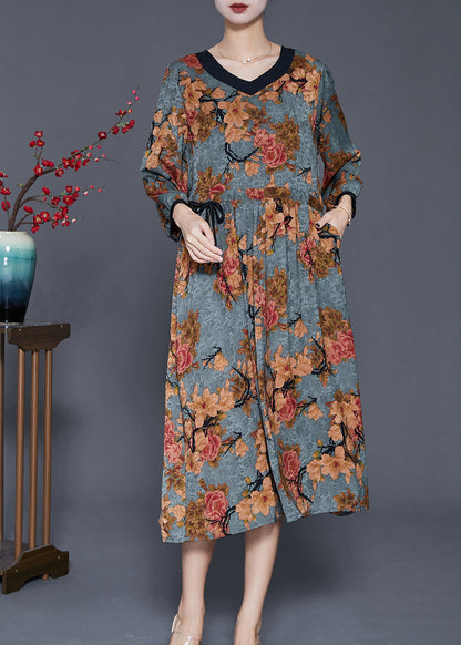 Blue Print Vacation Dresses V Neck Cinched Fall