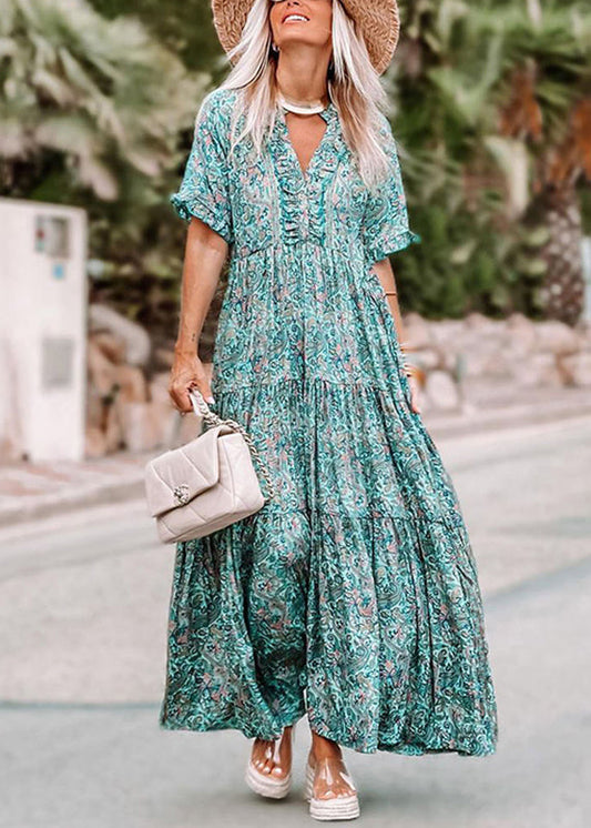 Blue Ruffled Patchwork Maxi Dress Short Sleeve