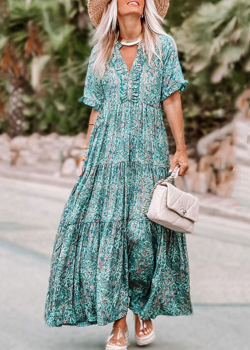 Blue Ruffled Patchwork Maxi Dress Short Sleeve