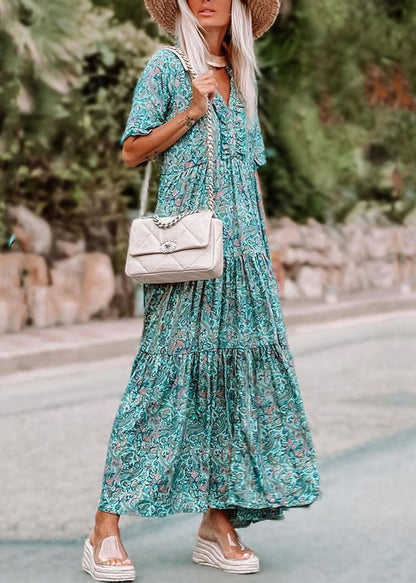 Blue Ruffled Patchwork Maxi Dress Short Sleeve
