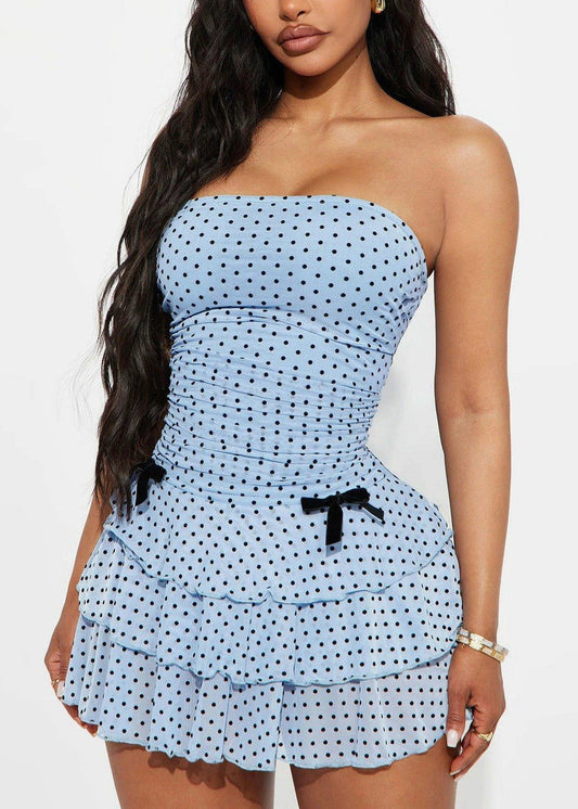 Blue Ruffled Patchwork Mid Dress Summer