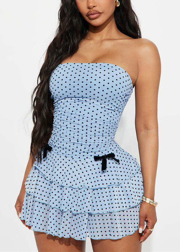 Blue Ruffled Patchwork Mid Dress Summer