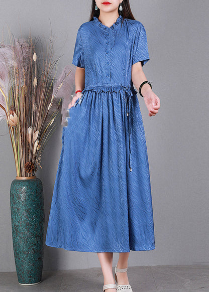 Blue Ruffled Tie Waist Silk Long Dress Short Sleeve