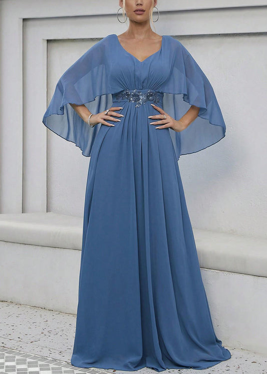 Blue Sequins High Waist Long Dress V Neck Batwing Sleeve