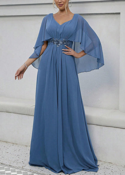 Blue Sequins High Waist Long Dress V Neck Batwing Sleeve