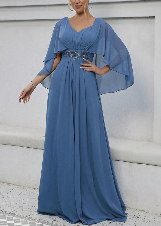 Blue Sequins High Waist Long Dress V Neck Batwing Sleeve