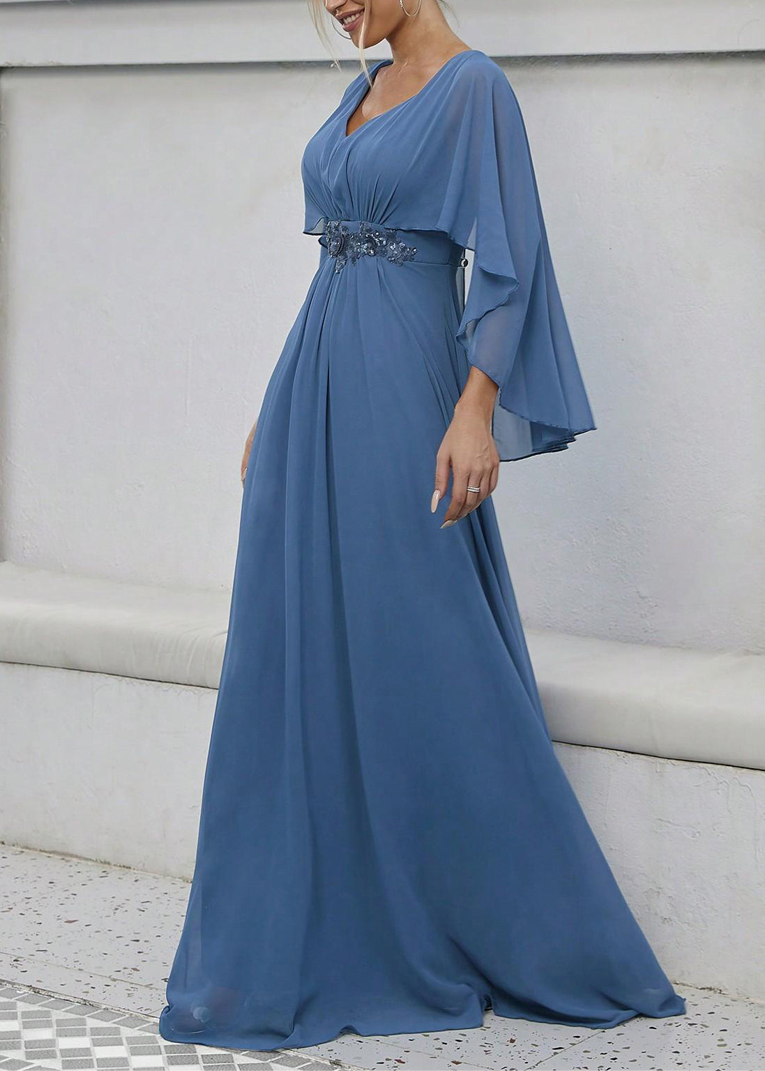 Blue Sequins High Waist Long Dress V Neck Batwing Sleeve