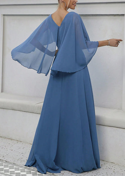 Blue Sequins High Waist Long Dress V Neck Batwing Sleeve
