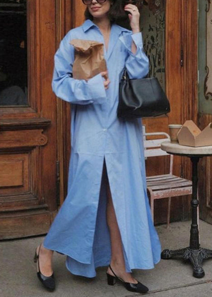 Blue Side Open Oversized Cotton Long Dresses Peter Pan Collar