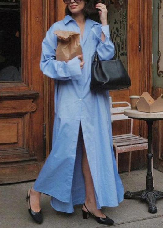Blue Side Open Oversized Cotton Long Dresses Peter Pan Collar