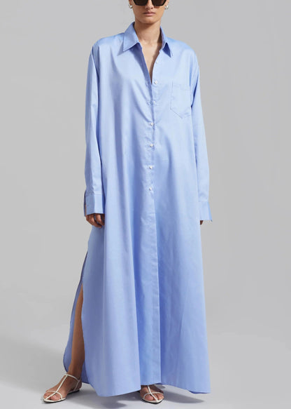 Blue Side Open Oversized Cotton Long Dresses Peter Pan Collar