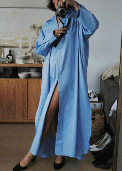 Blue Side Open Oversized Cotton Long Dresses Peter Pan Collar