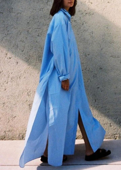 Blue Side Open Oversized Cotton Long Dresses Peter Pan Collar
