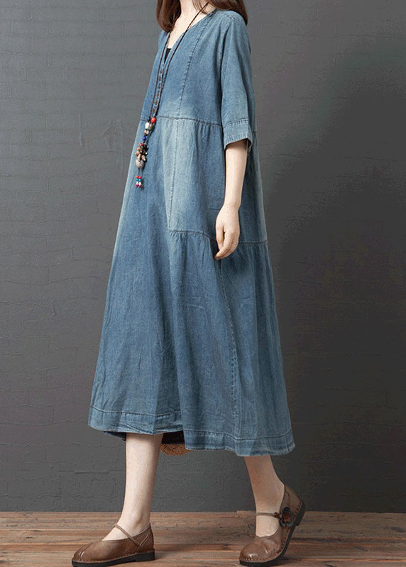 Blue Solid Patchwork Cotton Denim Dresses Button Half Sleeve1