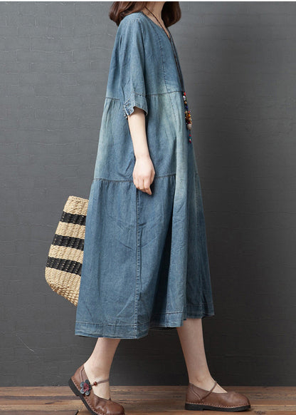 Blue Solid Patchwork Cotton Denim Dresses Button Half Sleeve1