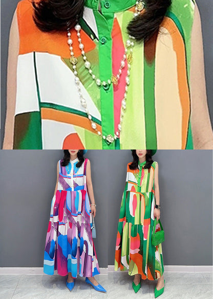 Blue Stand Collar Patchwork Long Dresses Summer