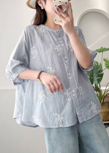 Blue Striped Cotton Loose Shirt Embroidered Summer