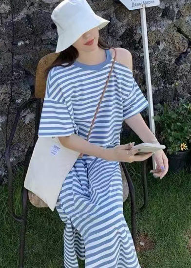 Blue Striped Cotton Robe Dresses Cold Shoulder Summer