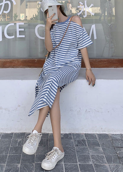 Blue Striped Cotton Robe Dresses Cold Shoulder Summer